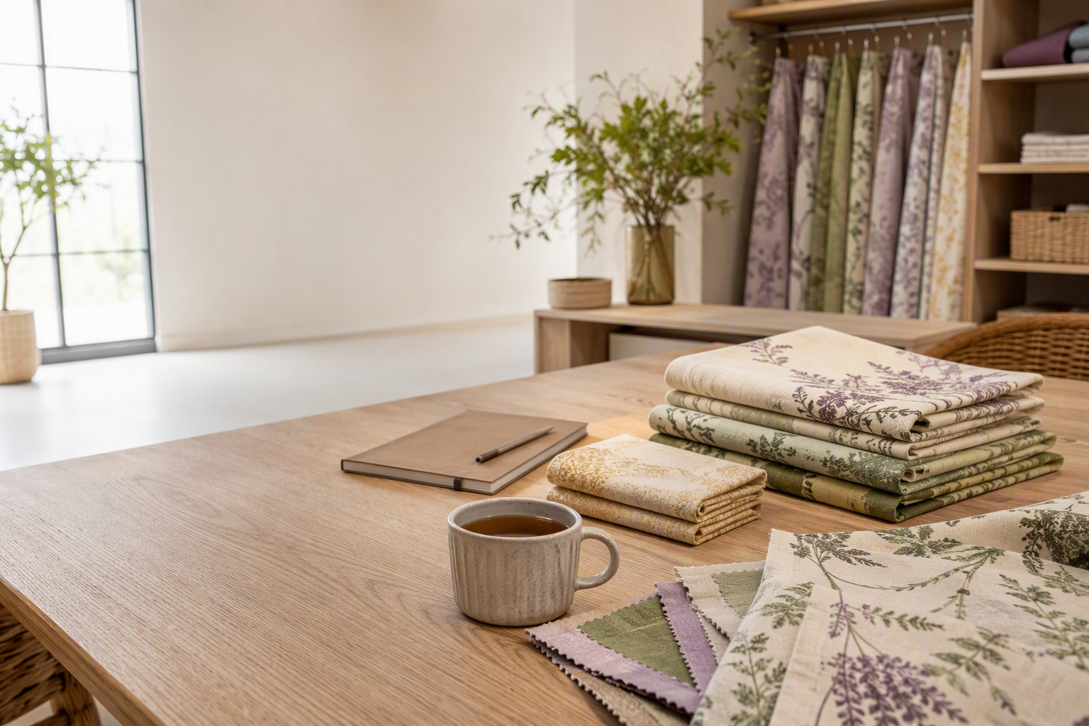 Textile showroom desk with printed samples prepared for a partner conversation