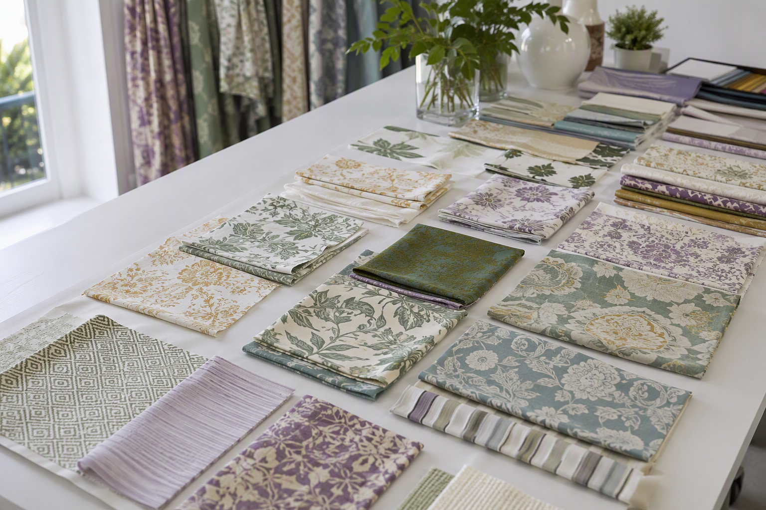 Curated custom textile print samples arranged for catalog browsing
