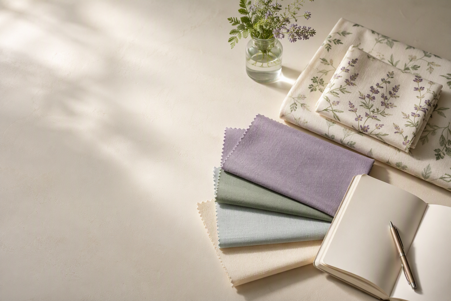 Fabric swatches and notebook arranged for B2B textile buyer questions