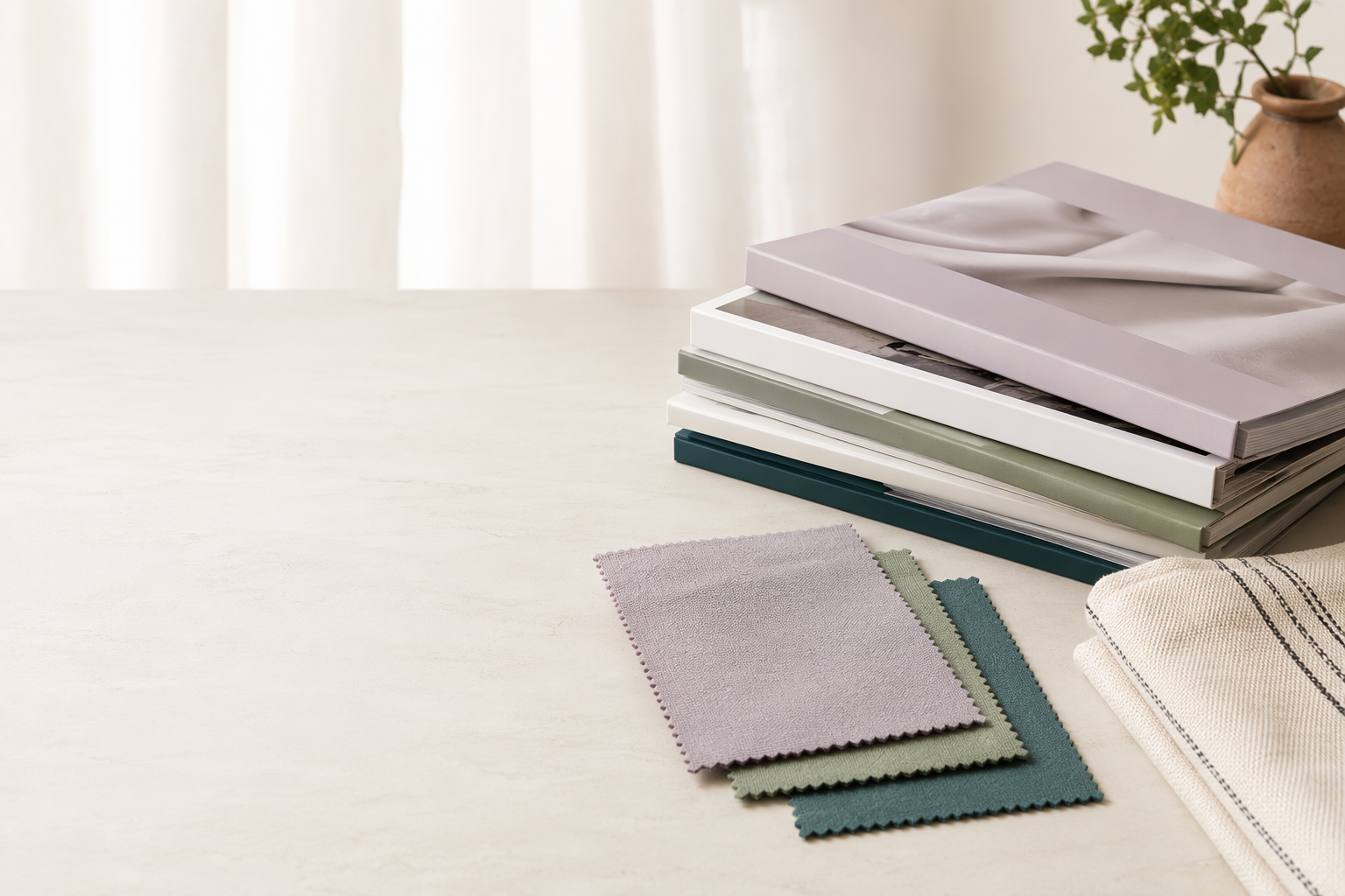 Catalogs and fabric samples prepared for buyer resource downloads